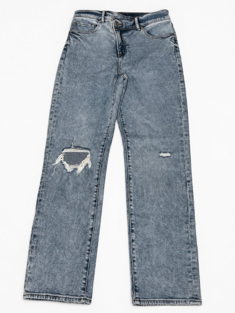 Express Modern Straight Super High Rise Jeans Size 4R Light Wash Distressed
